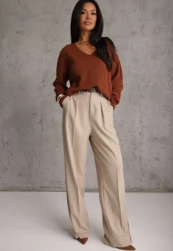 Brązowy Gładki Sweter z Bawełną o Kroju Oversize Conime
