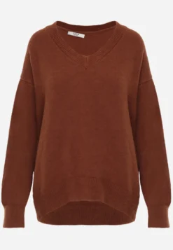 Brązowy Gładki Sweter z Bawełną o Kroju Oversize Conime