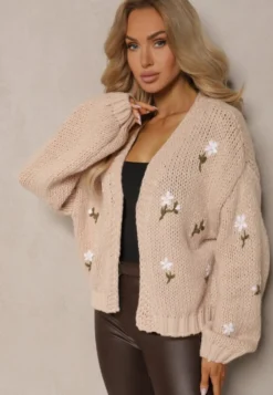 Brązowy Kardigan w Kwiatowe Aplikacje z Zapięciem na Elegancką Agrafkę Patista