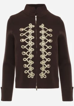 Brązowy Kardigan z Wiskozą w Stylu Napoleon Jacket ze Stójką i Dwustronnym Suwakiem Glmess