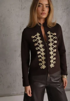 Brązowy Kardigan z Wiskozą w Stylu Napoleon Jacket ze Stójką i Dwustronnym Suwakiem Glmess