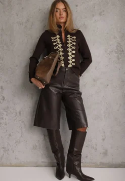 Brązowy Kardigan z Wiskozą w Stylu Napoleon Jacket ze Stójką i Dwustronnym Suwakiem Glmess