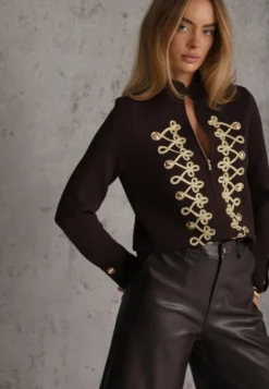 Brązowy Kardigan z Wiskozą w Stylu Napoleon Jacket ze Stójką i Dwustronnym Suwakiem Glmess