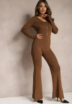 Brązowy Kombinezon Bodycon z Prążkowanej Wiskozy ze Spodniami Typu Dzwony i Suwakiem Lavirna