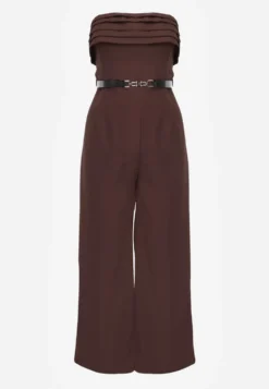 Brązowy Kombinezon VICES Bandeau z Falbankami i Paskiem w Eleganckim Stylu Pinoia