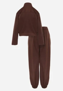 Brązowy Komplet Casual Spodnie Haremki i Bomber Jacket ze Stójką i Napami Finkastra