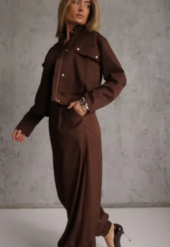 Brązowy Komplet Casual Spodnie Haremki i Bomber Jacket ze Stójką i Napami Finkastra