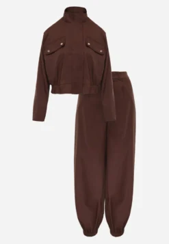 Brązowy Komplet Casual Spodnie Haremki i Bomber Jacket ze Stójką i Napami Finkastra