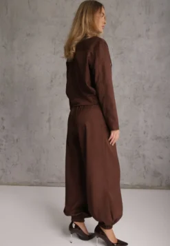 Brązowy Komplet Casual Spodnie Haremki i Bomber Jacket ze Stójką i Napami Finkastra
