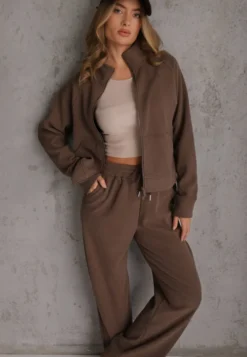 Brązowy Komplet Dresowy Spodnie Wide Leg i Bluza na Suwak ze Stójką Milia