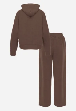 Brązowy Komplet Dresowy Spodnie Wide Leg i Bluza z Kapturem i Aplikacjami Nailena