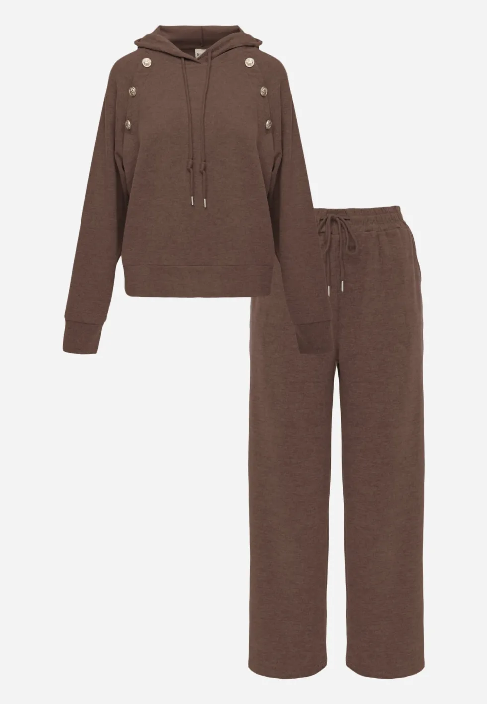 Brązowy Komplet Dresowy Spodnie Wide Leg i Bluza z Kapturem i Aplikacjami Nailena