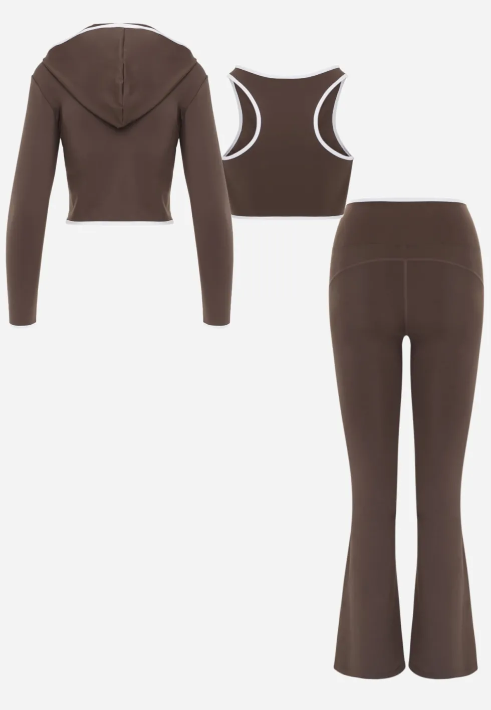 Brązowy Komplet Fitnessowy Spodnie Flare Bluza i Top z Ozdobnymi Lamówkami Quintela