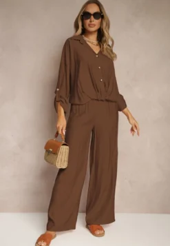 Brązowy Komplet z Wiskozy w Stylu Oversize Szerokie Spodnie i Luźna Koszula na Guziki Natinne