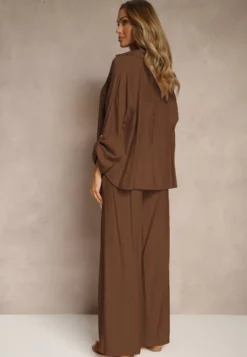 Brązowy Komplet z Wiskozy w Stylu Oversize Szerokie Spodnie i Luźna Koszula na Guziki Natinne