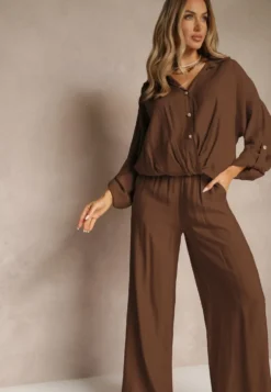 Brązowy Komplet z Wiskozy w Stylu Oversize Szerokie Spodnie i Luźna Koszula na Guziki Natinne