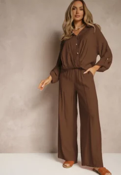 Brązowy Komplet z Wiskozy w Stylu Oversize Szerokie Spodnie i Luźna Koszula na Guziki Natinne