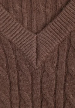 Brązowy Krótki Sweter z Dekoltem V i Ozdobnym Tłoczeniem Brizia
