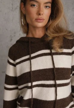 Brązowy Pasiasty Sweter z Kapturem z Dzianiny z Wełną i Bawełną Edelmi