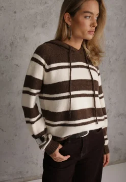 Brązowy Pasiasty Sweter z Kapturem z Dzianiny z Wełną i Bawełną Edelmi