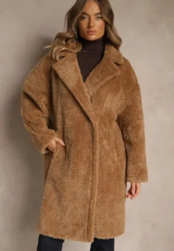 Brązowy Płaszcz Teddy o Dwurzędowym Kroju Oversize Azzena