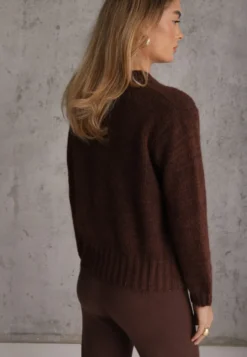 Brązowy Sweter Melanżowy z Wełną i Bawełną Ozdobiony Szerokim Ściągaczem Telania