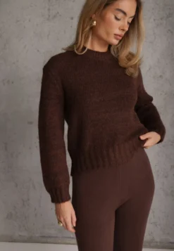 Brązowy Sweter Melanżowy z Wełną i Bawełną Ozdobiony Szerokim Ściągaczem Telania