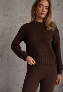Brązowy Sweter Melanżowy z Wełną i Bawełną Ozdobiony Szerokim Ściągaczem Telania