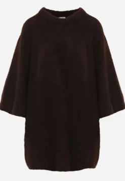 Brązowy Sweter Oversize z Wełną Szerokimi Rękawami i Długim Włosiem Veniorre
