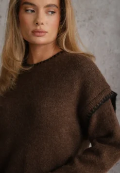 Brązowy Sweter z Bawełną i Wełną Ozdobiony Przeszyciami na Krawędziach Lavail