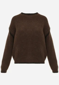 Brązowy Sweter z Bawełną i Wełną Ozdobiony Przeszyciami na Krawędziach Lavail