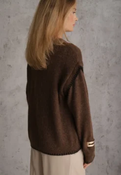 Brązowy Sweter z Bawełną i Wełną Ozdobiony Przeszyciami na Krawędziach Lavail