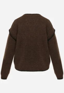 Brązowy Sweter z Bawełną i Wełną Ozdobiony Przeszyciami na Krawędziach Lavail