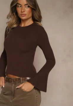 Brązowy Sweter z Dzianiny w Prążki z Wiskozą z Rozszerzanymi Rękawami Sediane