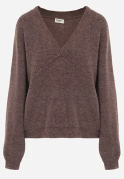 Brązowy Sweter ze Szpiczastym Dekoltem Labra