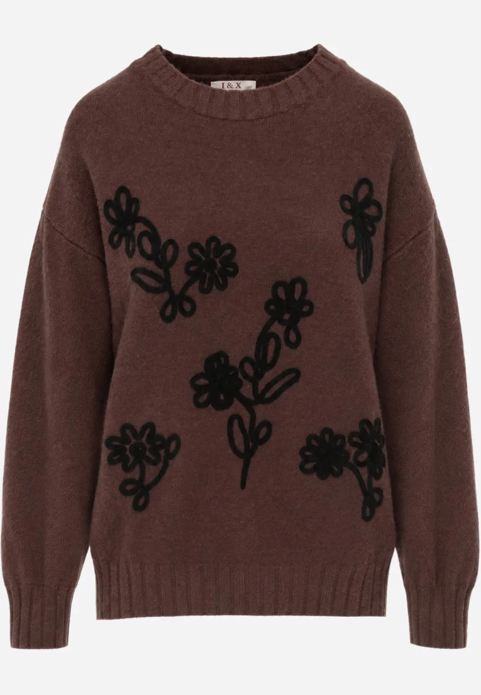 Brązowy Sweter z Haftowanymi Kwiatami Delfa