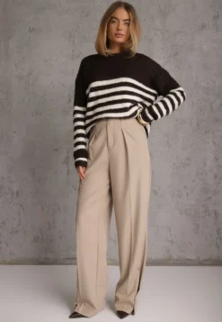 Brązowy Sweter Zimowy w Paski z Wełną Oversize Feoriada
