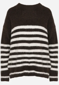 Brązowy Sweter Zimowy w Paski z Wełną Oversize Feoriada