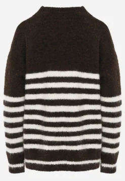 Brązowy Sweter Zimowy w Paski z Wełną Oversize Feoriada