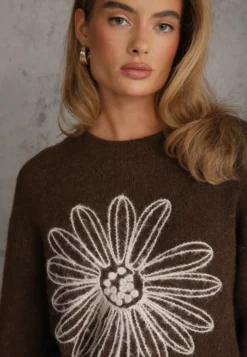 Brązowy Sweter z Wełną Bawełną i Kwiatowym Haftem Adetna