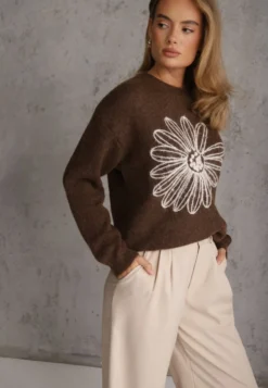 Brązowy Sweter z Wełną Bawełną i Kwiatowym Haftem Adetna
