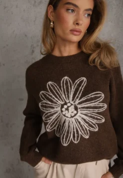 Brązowy Sweter z Wełną Bawełną i Kwiatowym Haftem Adetna