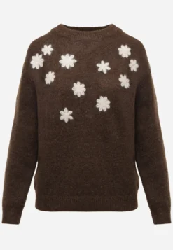 Brązowy Sweter z Wełną Bawełną i Kwiatowym Haftem Merisse