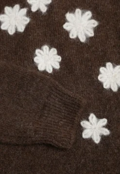 Brązowy Sweter z Wełną Bawełną i Kwiatowym Haftem Merisse