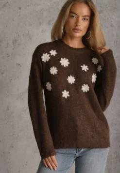 Brązowy Sweter z Wełną Bawełną i Kwiatowym Haftem Merisse