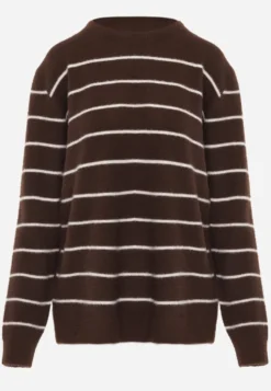 Brązowy Sweter z Wełną i Bawełną o Klasycznym Kroju w Drobne Prążki Rosal