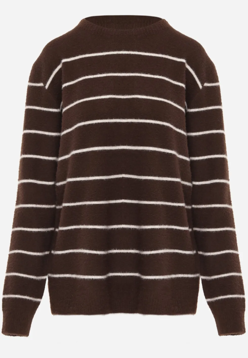 Brązowy Sweter z Wełną i Bawełną o Klasycznym Kroju w Drobne Prążki Rosal