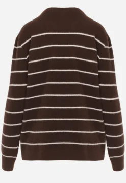 Brązowy Sweter z Wełną i Bawełną o Klasycznym Kroju w Drobne Prążki Rosal