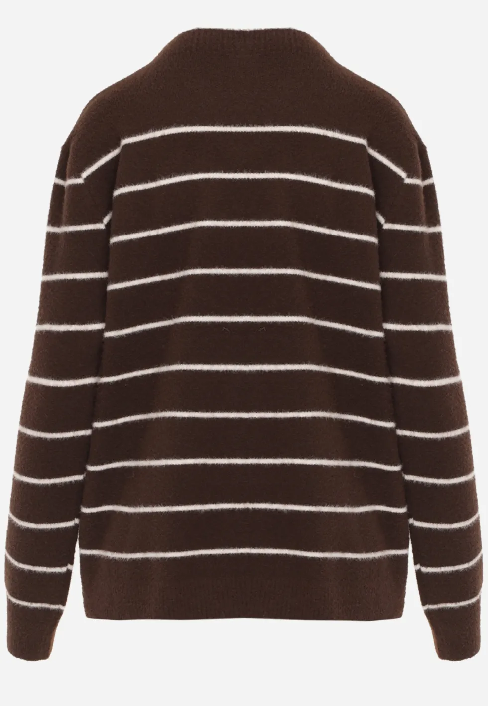 Brązowy Sweter z Wełną i Bawełną o Klasycznym Kroju w Drobne Prążki Rosal