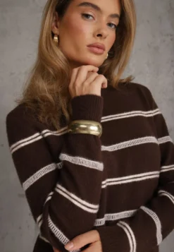 Brązowy Sweter z Wełną i Bawełną w Poziome Paski Kimllla